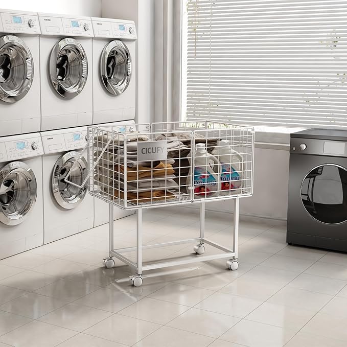 Wire Laundry Hamper, 80L Rolling Laundry Basket Cart on Wheels, Dirty Clothes Basket with Handle, Metal Clothes Hamper Organizer for Laundry Room, Bathroom, Bedroom, Dorm, White