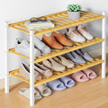 Smiry Bamboo Shoe Rack for Closet, 3 Tier Wooden Stackable Shoe Organizer, Free Standing Shoes Storage Shelf for Entryway, Front Door Entrance, Natural & White