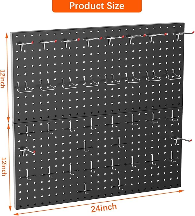 TORACK Metal Pegboard Wall Organizer 24" x 24" or 12" x 48", 70 PCS Tools Storage Pegboard for Garage Tool Organizer Peg Board with Pegboard Hooks for Workbench(Black)