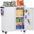 Aobabo 34.3'' H Metal Rolling Storage Cabinet, Locking Steel Storage Cabinet on Wheels with Pegboards and 4 Hooks, for Office, School, Home, Library, White, Assembly Required