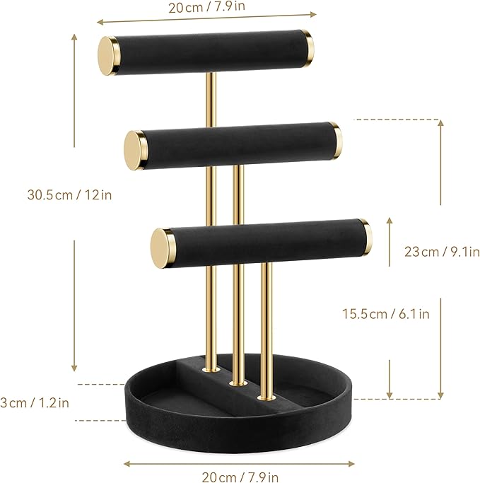 Bracelet Holder Jewelry Organizer Display - 3 Tier T Bar Velvet Stand, Black Necklace Holder Organizer, Bracelet Holder, Earring Holder and Ring Display for Jewelry Organizers and Storage