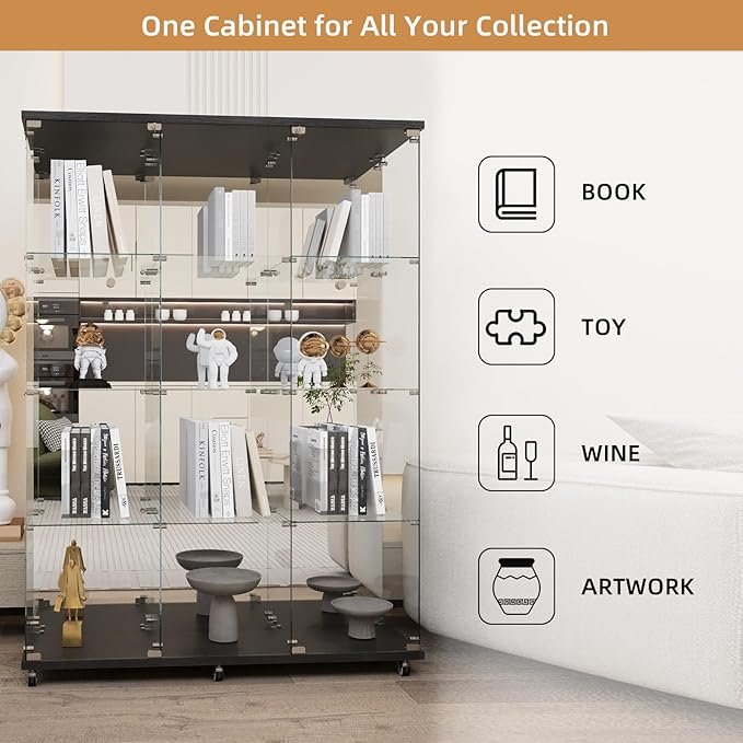 Beauty4U Glass Display Cabinet with Mirror Back Panel, 12 Shelves with 3 Columns, 2 Doors Curio Cabinets for Living Room, Bedroom, Office, Black Floor Standing Glass Bookshelf, Quick Installation