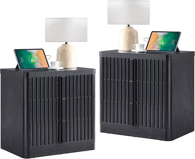 23.6" Nightstand Set of 2 with Charging Station, Side Table with 3 Storage Drawers, Mid Century Modern Night Stand with Solid Wood Handle, Bedside End Table for Bedroom, Living Room, Black