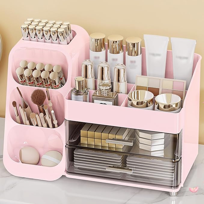 Makeup Organizer with Drawers, Skincare Organizer (Large Size Thick), Storage Box Cosmetic Display Cases, Make up Organizers for Vanity, Dresser, Desk, Kitchen, Countertop (Pink)