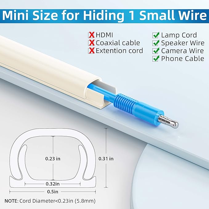 Yecaye 128in Wall Cord Hider for 1 Mini Wire, On-Wall Cord Cover Channel, Wire Concealer, Cable Cover Cable Management for Home Office, W0.5in H0.31in, Beige