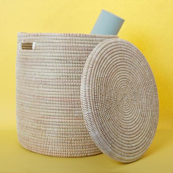 Extra Large White Storage Basket - Laundry Hamper, Baby Nursery Toys Bin, Living Room Blankets Storage, Towels Holder, Organizing, Decorative - Wicker, Woven, Lid, Handles