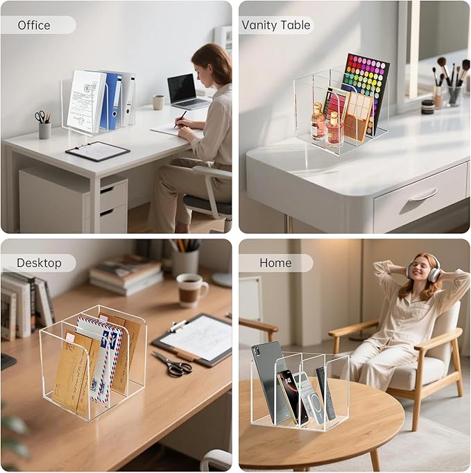 Acrylic Desk Organizer Book Organizer, Magazine File Holder, Vertical File Organizer Stand File Folder Holder, Mail Organizer Countertop Mail Sorter File Sorter, Clear Book Ends Book Holder