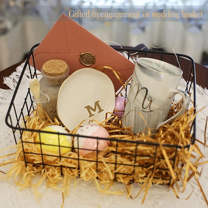 Initials Ring Dish Jewery Tray with Personalized M-Monogrammed Mother's Day Gifts Wedding Engagement for Women Friends sister,Ceramic White