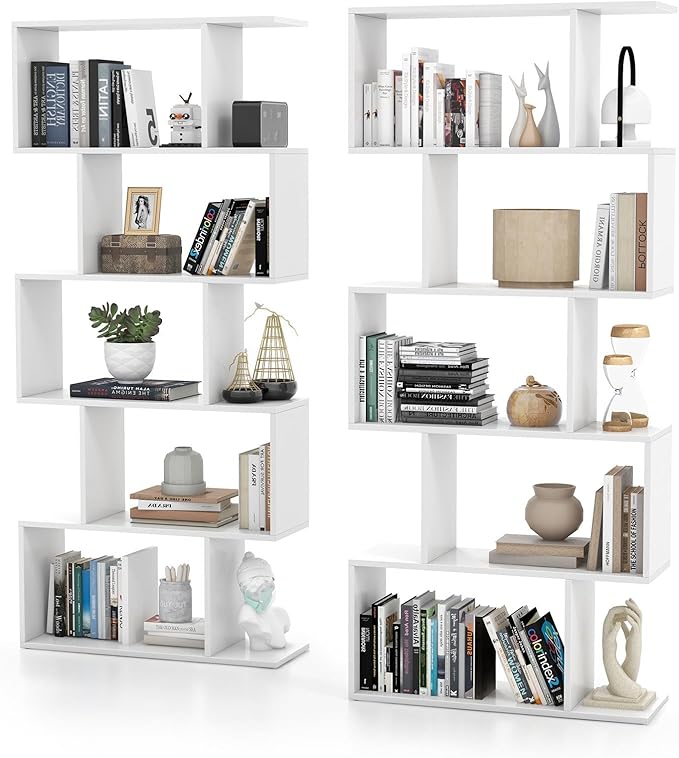 5-Tier Geometric Bookcase Set of 2, 62.5” Freestanding Room Divider Bookshelf with Open Display Shelves & Anti-tip Device, Wood S-Shaped Storage Organizer for Living Room, Bedroom & Home Office