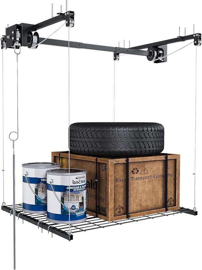4x4FT Overhead Garage Storage Rack for High Ceilings 10-12 FT, Adjustable Garage Organization System, Heavy Duty Ceiling Storage Racks with Safety Lock,250LBS Capacity,Black