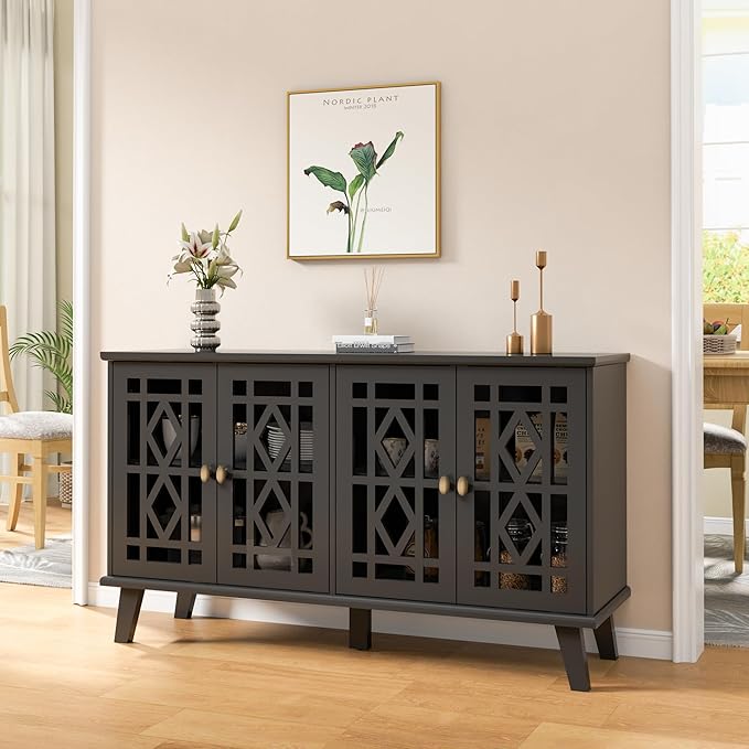 Scurrty 52" Buffet Cabinet with Storage,Sideboard with 4 Doors, Skeletonized Coffee Bar with Storage, Sideboard Cabinet for Dinning Room, Kitchen & Living Room (Black)