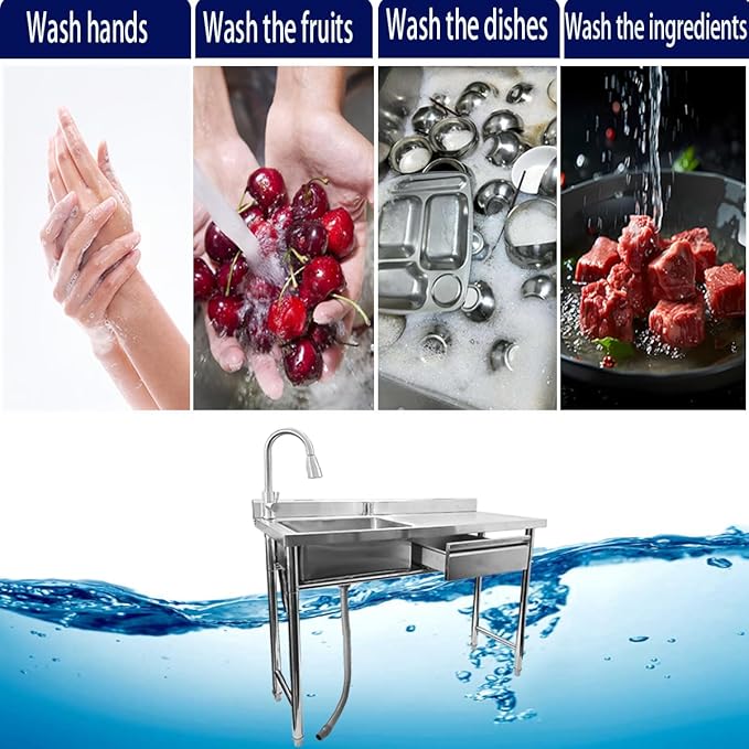304 Stainless Steel Utility Sink with Faucet – Free Standing Single Bowl Kitchen Sink with Workbench & Drawer Storage, Hot/Cold Water Pipes for Laundry, Farmhouse & Outdoor Use 39“(SCTD-100R)
