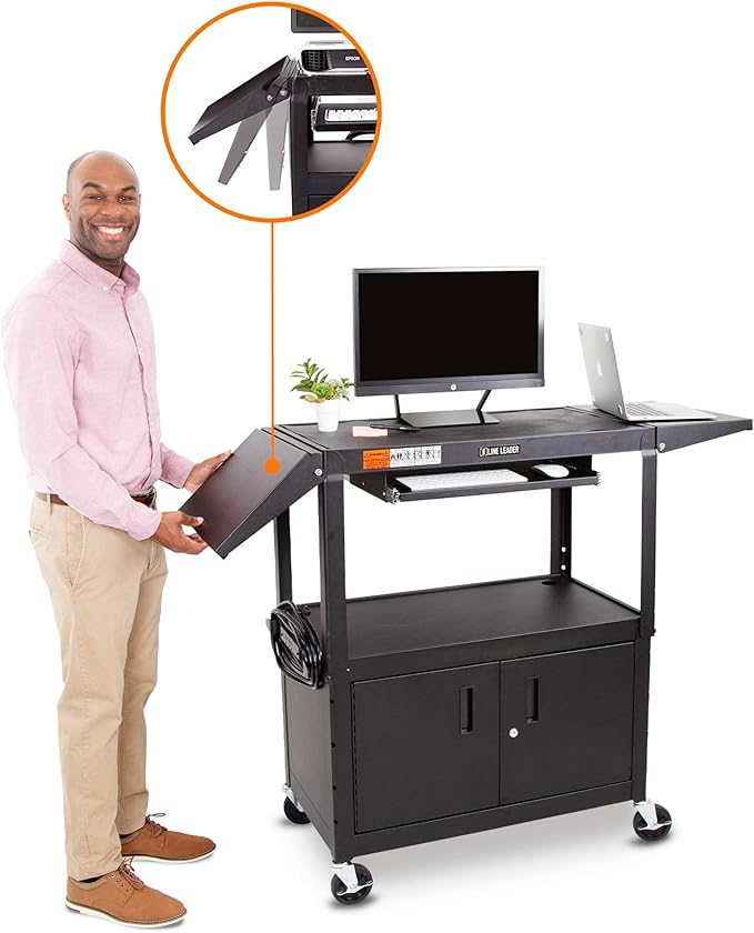Line Leader Large AV Cart with Locking Cabinet & Drop Leaves, Rolling Height Adjustable Utility Cart with Pullout Laptop Keyboard Tray & Cord Management, Narrow Mobile Workstation (Black, 54 x 18)