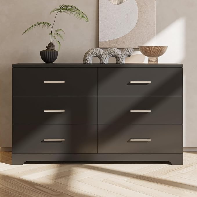 Karl home 6 Drawer Dresser, Wood Black Vanity Drawer Cabinet, Bedroom Storage Cabinet TV Stand, Large Dresser Storage Chest with Deep Drawers, Bedroom Furniture