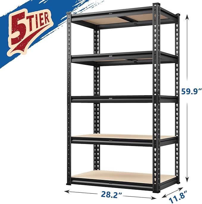 REIBII Storage Shelves 1600LBS Garage Shelving Heavy Duty Metal Shelving 5 Tier Garage Shelves Adjustable Metal Shelf for Kitchen Basement Pantry Warehouse 28.2" W x 11.8" D x 59.9" H