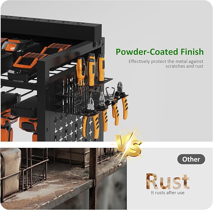 Power Tool Organizer Rolling Cart with Charging Station, Garage Floor Stand Rolling Tool Storage Rack with Charging Power Strip, Garage Storage Heavy Duty Utility Shelf with Wheels