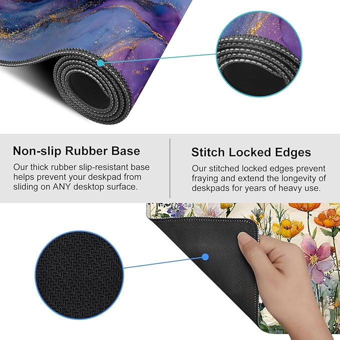 Purple Marble Ink Mouse Pad – Large Extended Desk Mat 35.43 x 15.75 in – Alcohol Ink Watercolor with Gold Vein Design, Non-Slip Base, Waterproof Surface, Aesthetic Keyboard & Mouse Pad