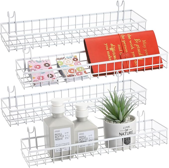Blulu 4 Pcs 15.75 x 3.94 x 1.97 Inch Metal Grid Wall Baskets with Hooks Grid Wall Shelves Hanging Wire Basket Multi Function Storage Organizer for Kitchen Organizing Display (White)