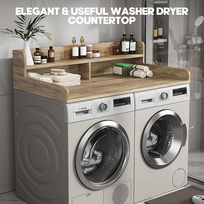 2-Tier Washer and Dryer Countertop with 2.75" H Guard,54" W x 27.5" D Laundry Countertop Cover with Non-Slip Pad,Large Space Laundry Topper for Folding Clothes Over Washer and Dryer-White Oak