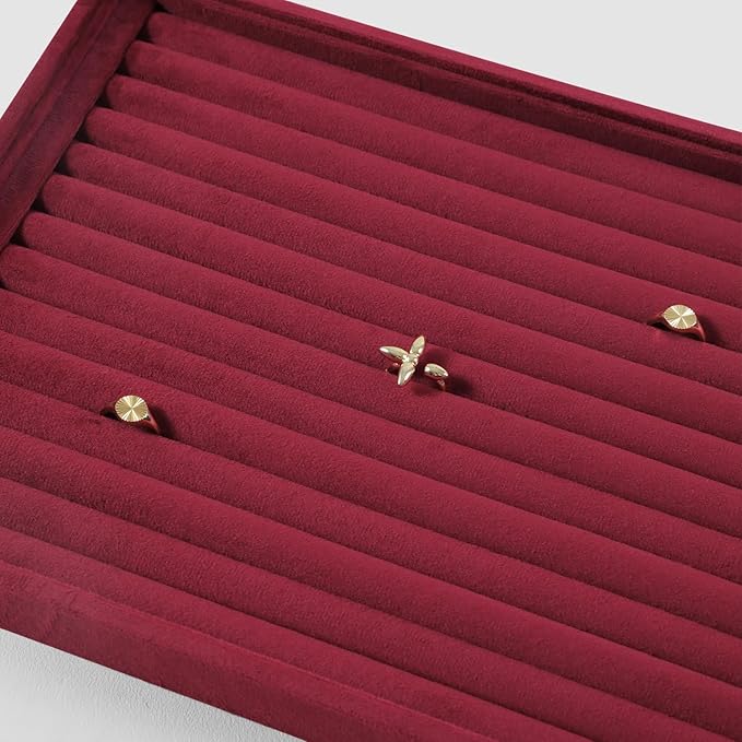 Velvet Ring Display Tray, Stackable Muilt Slot Rings Ear Stud Storage Tray, Drawer Insert Jewelry Accessories Organizers Plate (Red)