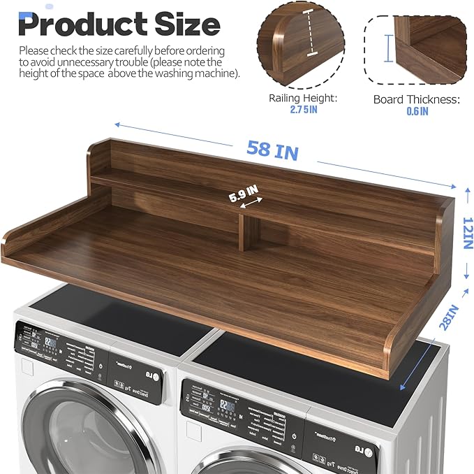 2-Tier Washer and Dryer Countertop,2.75" H Guard,58" W x 28" D Laundry Countertop Cover with Non-Slip Pad,Large Space Laundry Topper for Folding Clothes Over Washer and Dryer-Dark Walnut