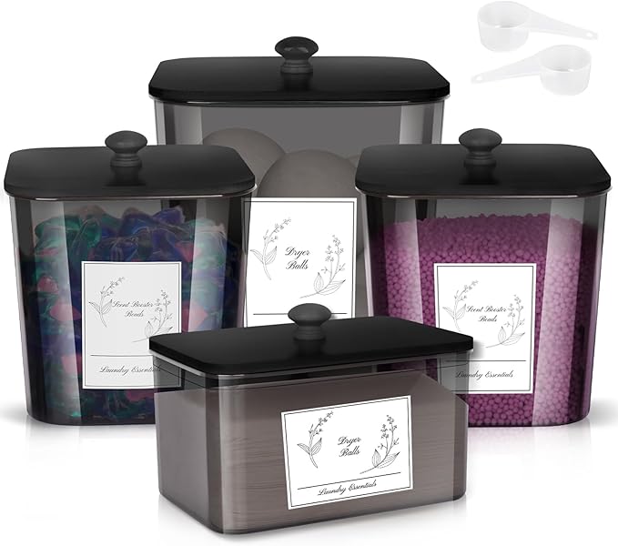 4 Pack Laundry Detergent Containers & Dryer Sheet Holder with Black Lids, Scoops & Labels - Plastic Laundry Organizer and Storage Jars for Pods, Detergent, Scent Booster