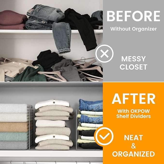 OKPOW Acrylic Shelf Dividers for Closet Organization: 8 Pack Tall Durable Clear Shelves Separators for Clothing Adjustable