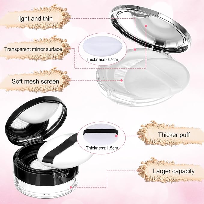 2 Pcs Loose Powder Containers, 0.7/0.17 Ounce Foundation Container Portable Empty Travel Makeup Containers Reusable Powder Puff Case with Puff Mirror Net Sifter for Women Travel Daily Carrying