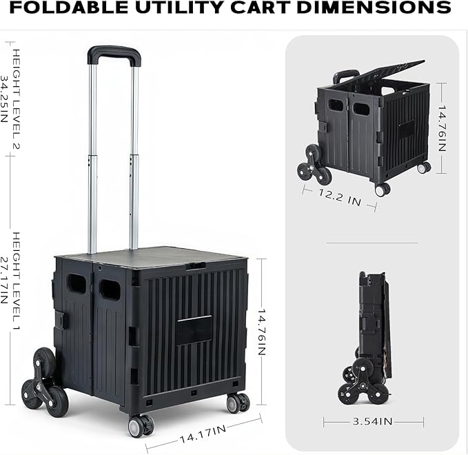 Utility Cart Foldable Shopping Cart Book Storage Cart, with Stair Climbing Wheels and Telescopic Handle, Ideal for Outdoor Home Use and Teacher/Student Book Storage.(Black, Small)