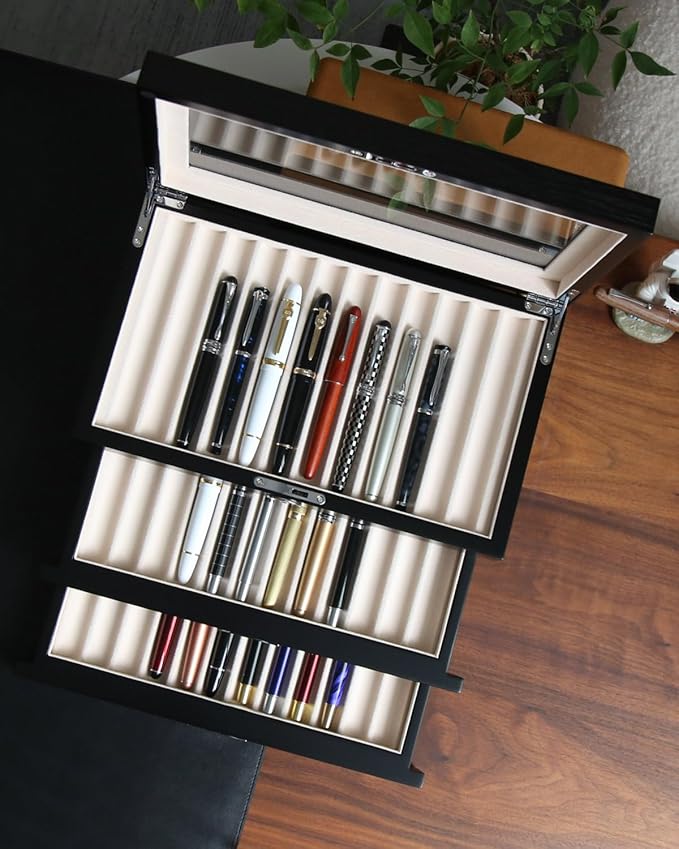 wood pen display case 36 slot Fountain pen Box storage Organizer with drawer, Top Glass Window Pen Collection Display Case