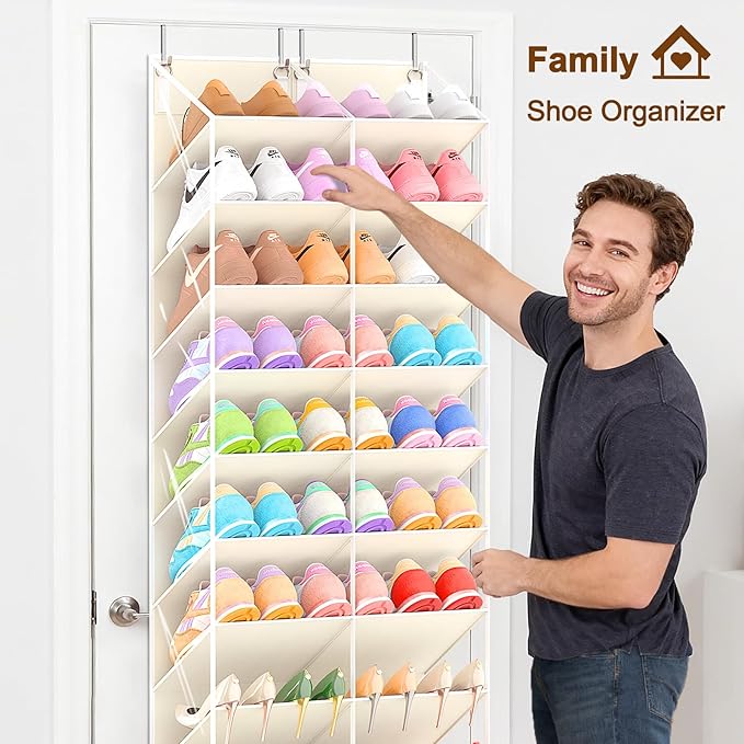 30 Pairs Over the Door Shoe Organizer, Clear Pockets Hanging Shoe Storage for Closet, 10-Tier Door Shoes Rack Storage, Handing Shoes Holder Fit All the Family's Sneakers, Boots, Heels, Beige