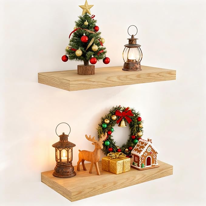 Fun Memories 16Inch Floating Shelves for Wall 2 Pack Shelves for Bedroom|Kitchen|Bathroom Wall Mounted Rustic Wood Floating Shelf with Invisible Brackets for Books|Storage|Decor, Oak