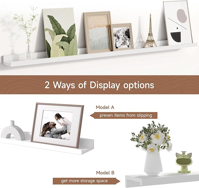 Fun Memories Picture Ledge Shelf for Wall, Floating Shelves Set of 4, 48 Inch Long Nursery Book Shelves for Toys Storage, Kids Bookshelf Wall Mounted for Books Photo Frames, White