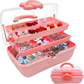 3-Tier Lockable Hair Accessories Organizer for Girls - Foldable Craft Storage Box Pink Plastic box with 2 Trays for Headbands, Art Supplies, Beads & Washi Tapes