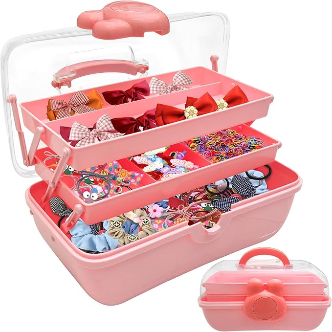3-Tier Lockable Hair Accessories Organizer for Girls - Foldable Craft Storage Box Pink Plastic box with 2 Trays for Headbands, Art Supplies, Beads & Washi Tapes