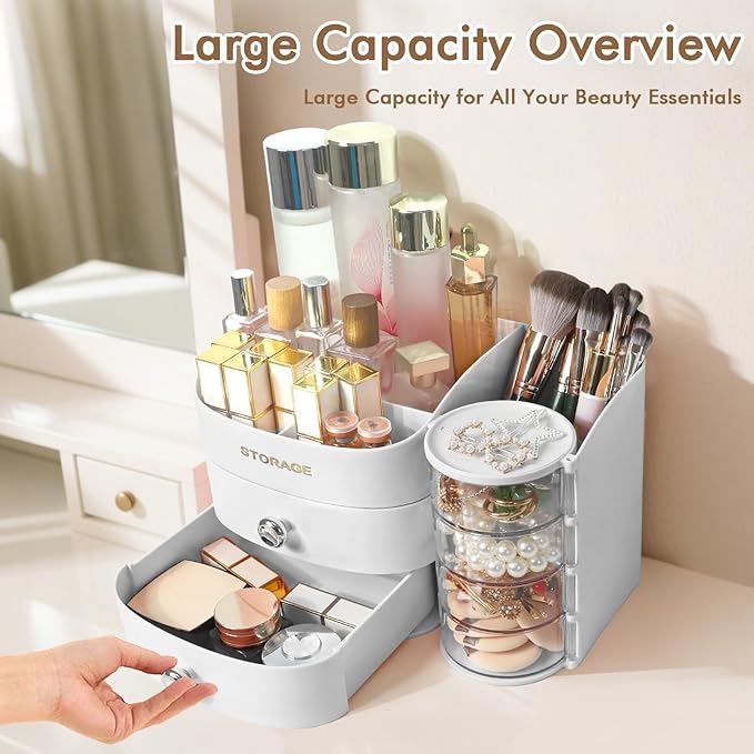 XIAPIA Makeup Organizer Countertop, Make Up Organizer for Vanity, Skincare & Cosmetic Organizers with Drawers, Bathroom Organizers Storage for Brush Holder|Lipstick|Jewelry, Ideal Gift for Women WHITE