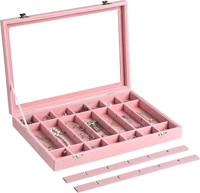 Frebeauty Velvet Jewelry Tray,35 Grid Jewelry Organizer with Clear Lid,Earring Holder Organizer Case with Clasp,Drawer Insert for Rings Studs,13.8 x 9.5 x 2 Inches,Gift for Women Girls(Pink)