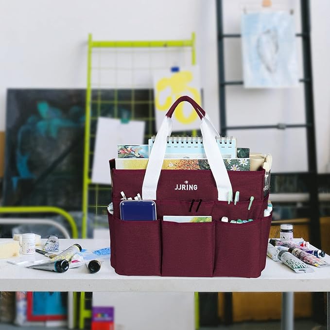 JJRING Craft Organizer Tote Bag, Large Art Storage Caddy with Multiple Pockets, Dark Red Sewing Bag for Art, Craft, Scrapbooking, School, Medical, and Office Supplies Storage