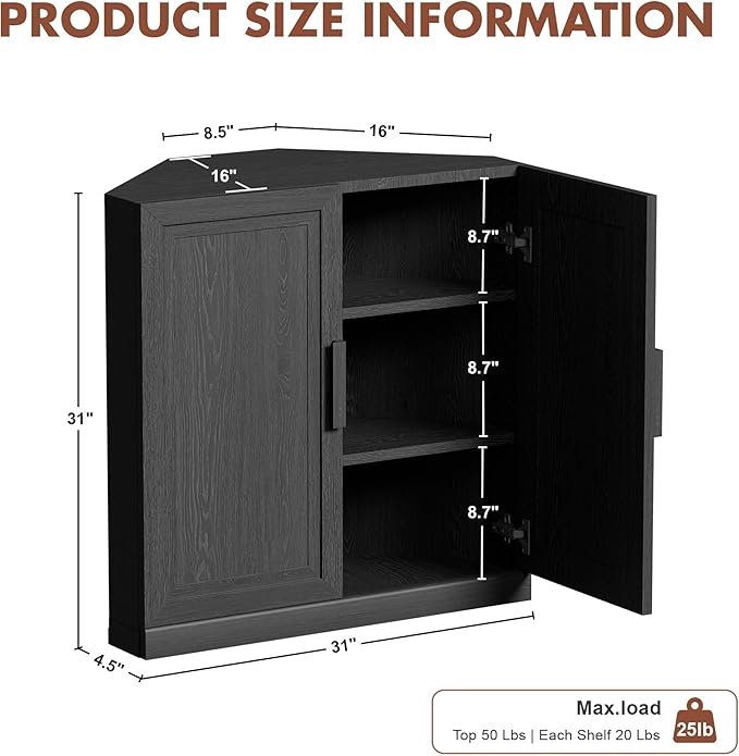 Casaphoria Farmhouse Corner Cabinet, Wooden Corner Storage Cabinet with Adjustable Shelves, Narrow Storage Organizer for Small Space, 31" H x 31" W x 16" D, 44Lb, Black