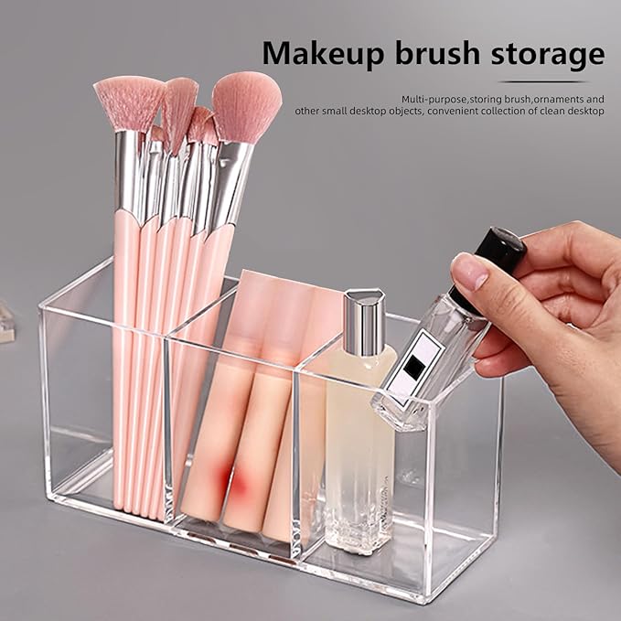 Acrylic Makeup Brush Holder, 2 Pack Clear Pencil Holder, Desk Accessories Holder with 3 Compartments, Brush Organizer for Vanity, Desk, Cosmetic Display