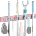 Pink Mop Broom Holder Wall Mount with 4 Slots & 4 Hooks - Wood Broom Mop Hanger for Pantry Closet Laundry Room Kitchen Organization - for Pink Kitchen Decor and Accessories
