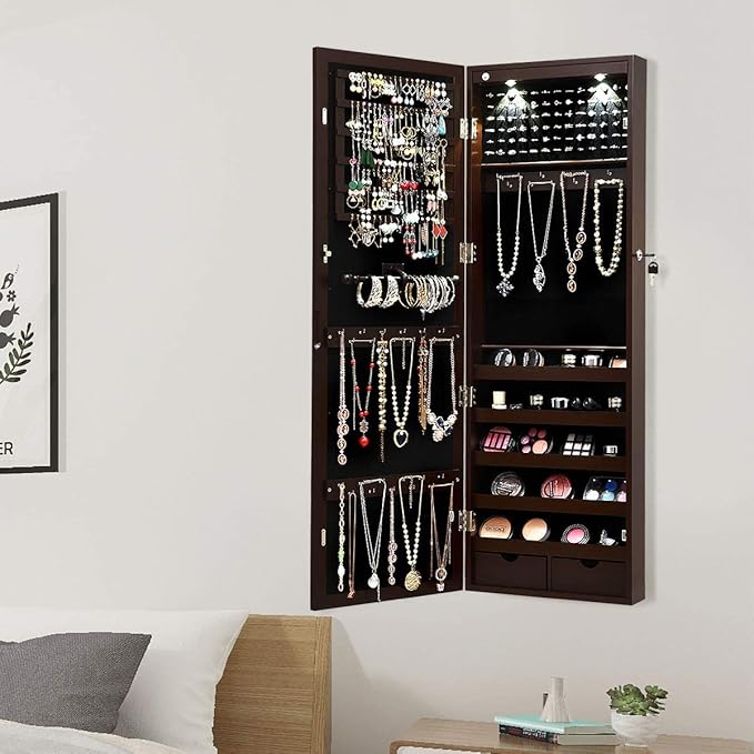 Giantex Jewelry Armoire Wall Door Mounted, Lockable Jewelry Cabinet with 42.5'' Full Length Mirror, 2 LEDs Jewelry Organizer Box with 2 Drawers, Mirror with Jewelry Storage (Espresso)