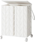 WOWLIVE Laundry Basket with Wheels, Heavy Duty Laundry Hamper with Wood Lid, Clothes Hamper with Divided Removable Liner Bag, Large Capacity Iron-Made Laundry Sorter Laundry Room Organization (White)