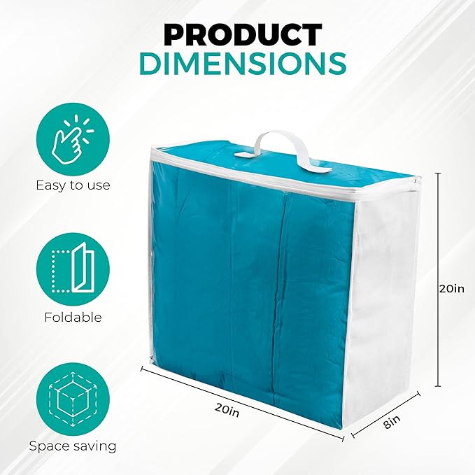 6 pack Clear Plastic Storage Bag with Zipper, Foldable Moving Bag for Comforters, Blankets, Bedding, Storage Containers, Breathable, Durable Clothes and Duvet Closet Organizers, 20x20x8