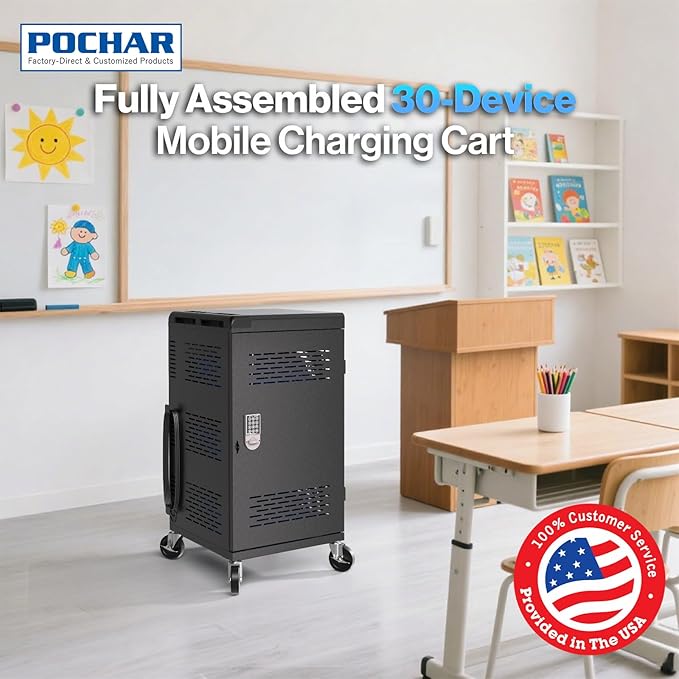 Fully Assembled 30 Unit Device Charging Station for Chromebook, iPad, 14'' Laptop - Pre Built Charging Cart with Charger Cable Management, Circuit Breaker, Grounding Protection (Black)