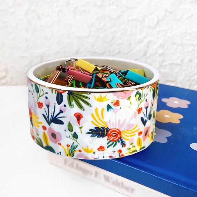 Paper Clip Holder Ceramic Paper Clip Holders Garden Floral Paperclips Holder Dispenser Cute Gold Line Paper Clip Organizer for Desk Binder Clip Holder Bobby Pin Hair Gift for Office Mint Flowers