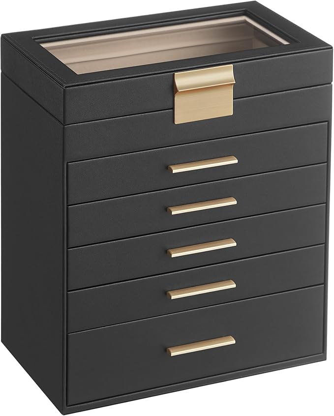 SONGMICS Jewelry Box Organizer with Glass Lid, 6-Layer Jewelry Storage, with 5 Drawers, Modern Style, Christmas Gift, 6.4 x 9.9 x 11.4 Inches, Graphite Black and Gold Color UJBC171B01