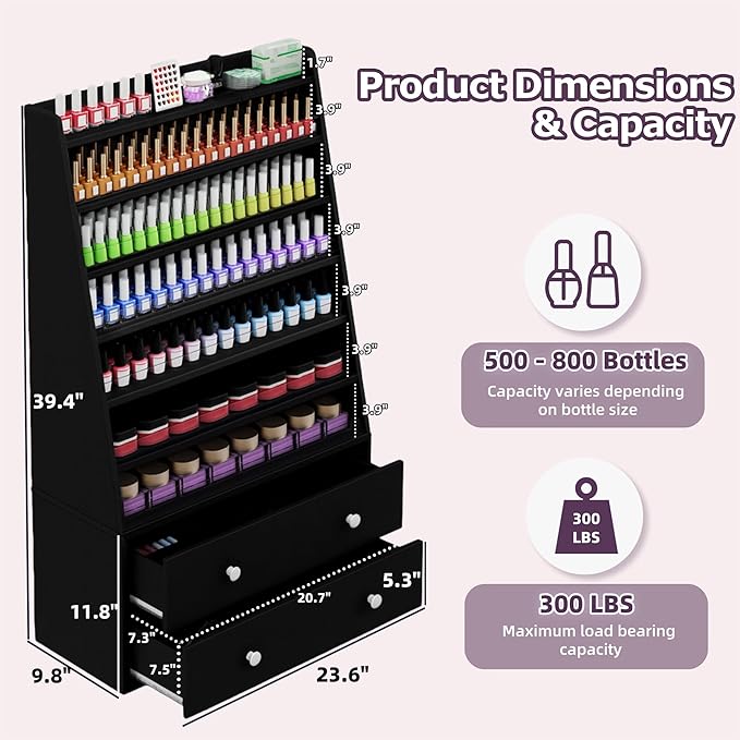 Nail Polish Rack with 2 Drawers, Salon Display & Storage Cabinet with Acrylic Baffle, Holds 700+ Bottles of Polishes, Essential Oils & Perfumes, Suitable for Nail Salon & Beauty Store, Black