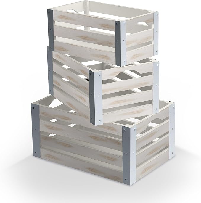 wald imports - Set of 3 White Washed Wooden Crates for Storage - Decorative Wooden Crate Set for Home Decoration & Display - Vintage Storage for Household Goods