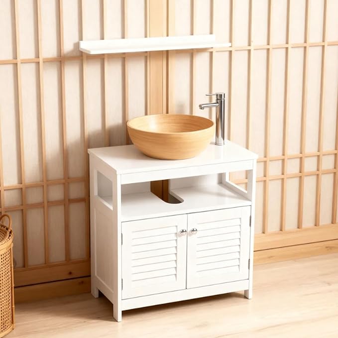 U-Shaped Under Sink Storage Cabinet with 2 Doors & Open Shelf, Freestanding Bathroom Vanity Organizer for Pedestal Sink, Water-Resistant MDF Cabinet for Toiletries & Cleaning Supplies, White